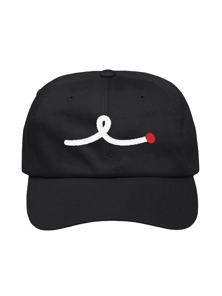 Black dad hat with the loop embroidered in white and a red dot