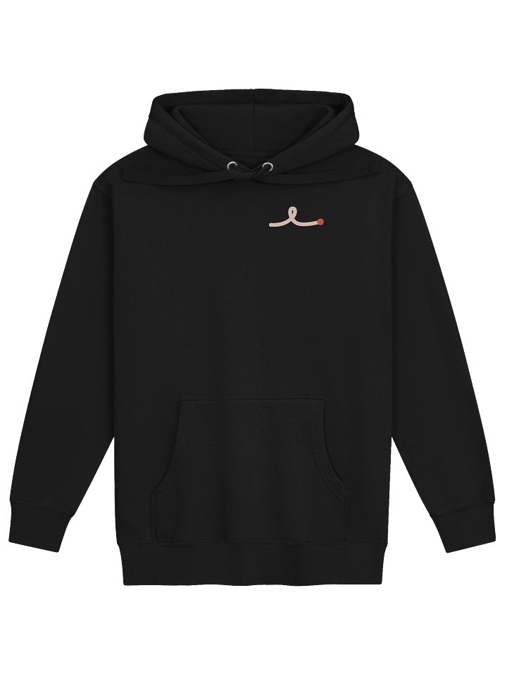 Black hoodie with a small blush loop on the chest and stand still, and see. down the sleeve